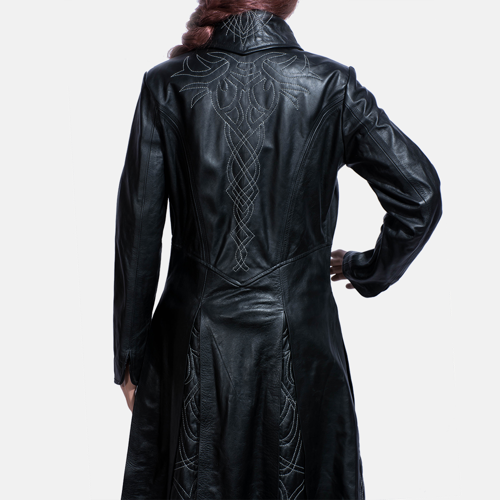 Womens Tribal Black Leather Long Coat